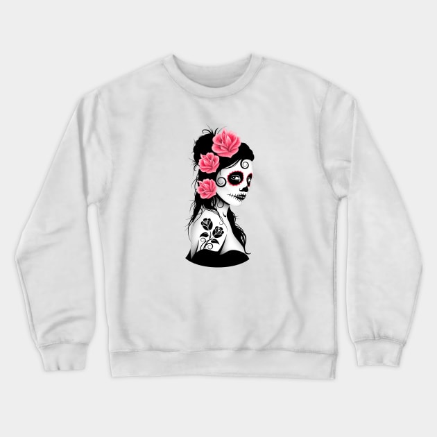 Pink Day of the Dead Sugar Skull Girl Crewneck Sweatshirt by jeffbartels